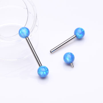 Detail View 1 of A Pair of Implant Grade Titanium Iridescent Fire Opal Ball Internally Threaded Nipple Barbell-Blue Opal